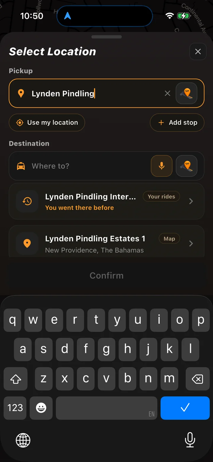 HOP app: search for your destination
