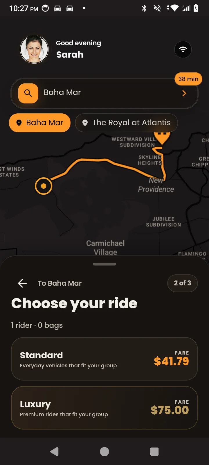 HOP app: choose Standard or Luxury with the price