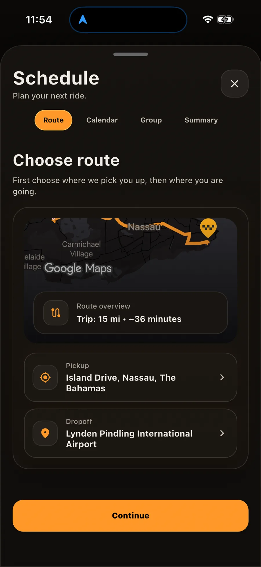 HOP app, step 1 of scheduling a ride: choose the route, pickup on Island Drive and dropoff at Lynden Pindling International Airport, with distance and time shown