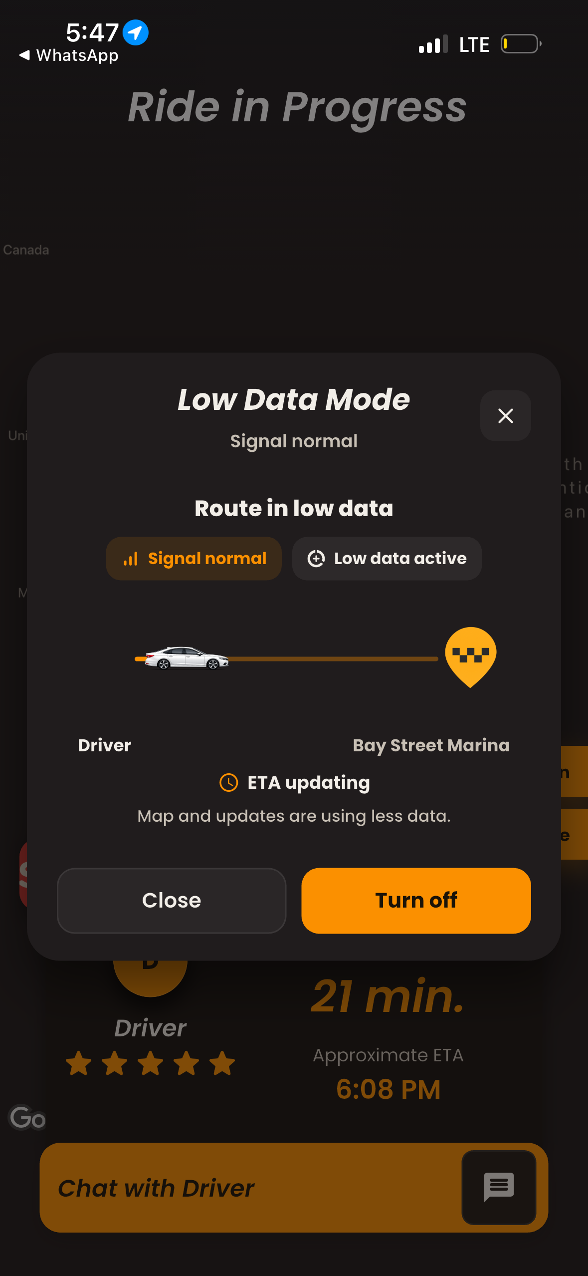 HOP Low Data Mode screen — map paused, tracking active