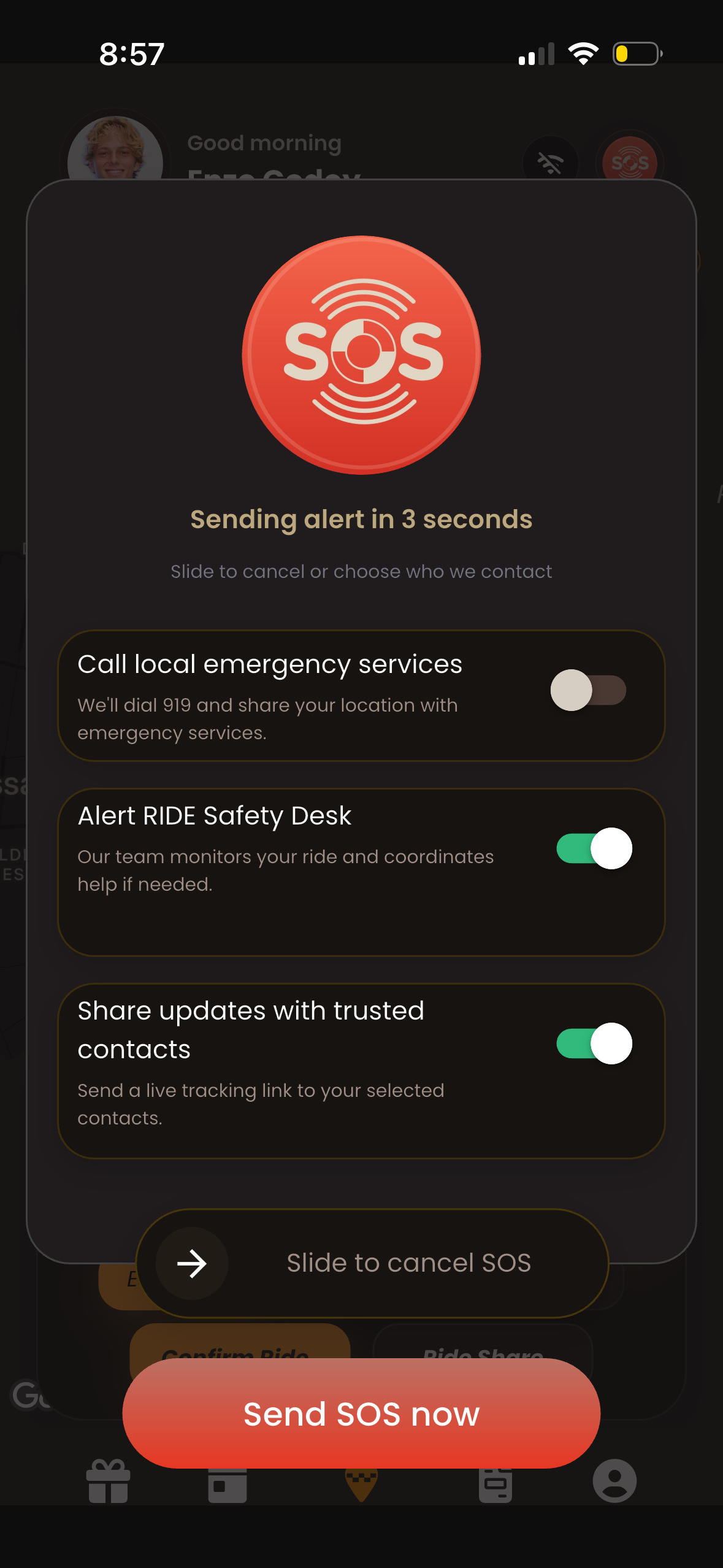HOP SOS button — one-tap emergency system during an active ride